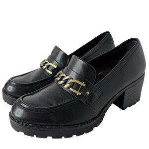 White Mountain Faux Leather Black Chunky Heel Loafers Chain Size 9 M Lug Sole